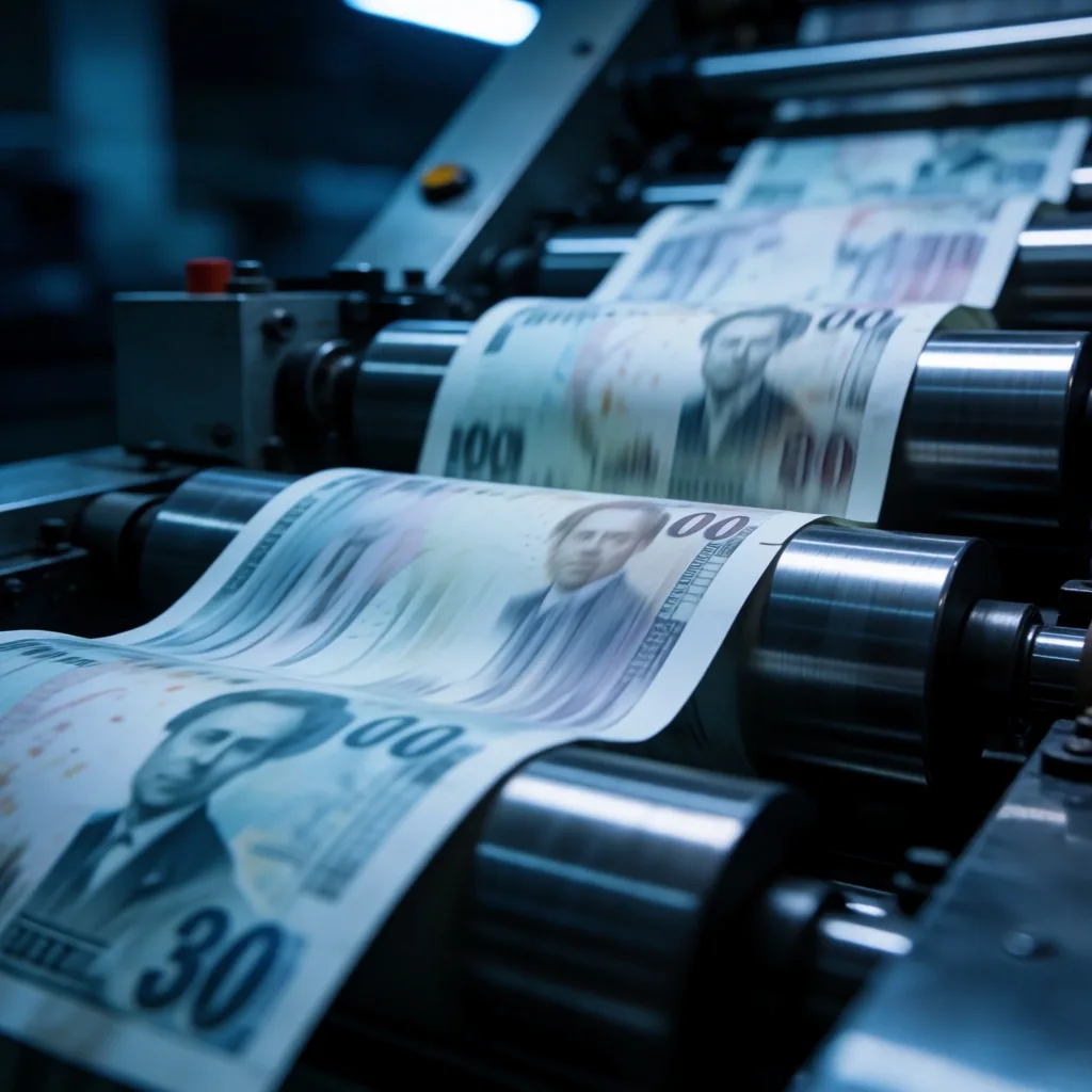 Banknot matbaa makinesi, düşük ışıkta endüstriyel sahne