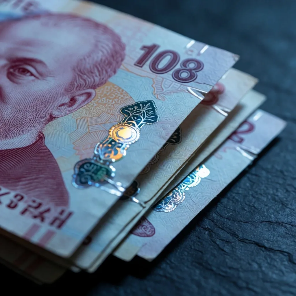 Türk Lirası banknot makro fotoğrafı, indigo ışık altında detaylı dokü